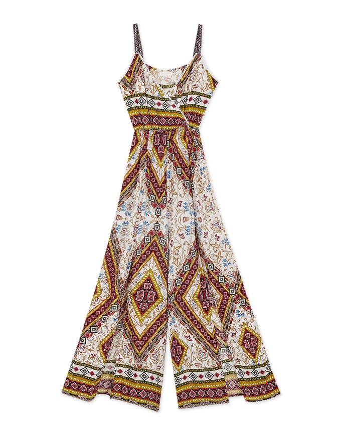 V-Neck Totem Print Overlap Slit Jumpsuit
