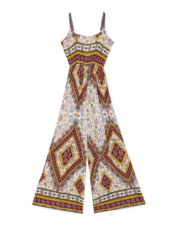 V-Neck Totem Print Overlap Slit Jumpsuit