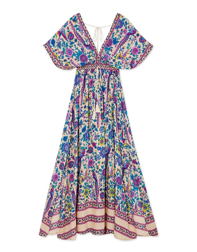 Exotic Printed Deep V-Neck Ribbon Slit Maxi Dress