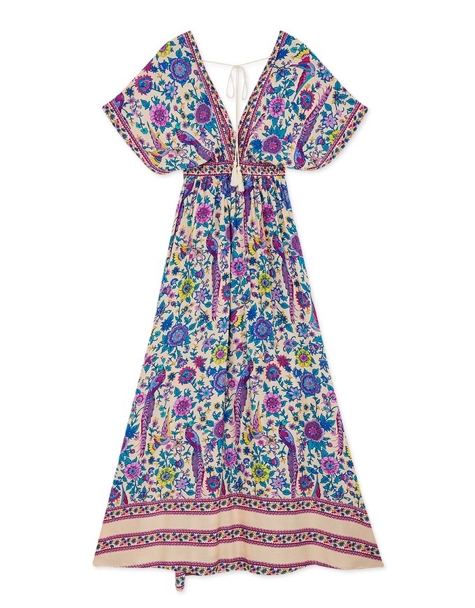 Exotic Printed Deep V-Neck Ribbon Slit Maxi Dress