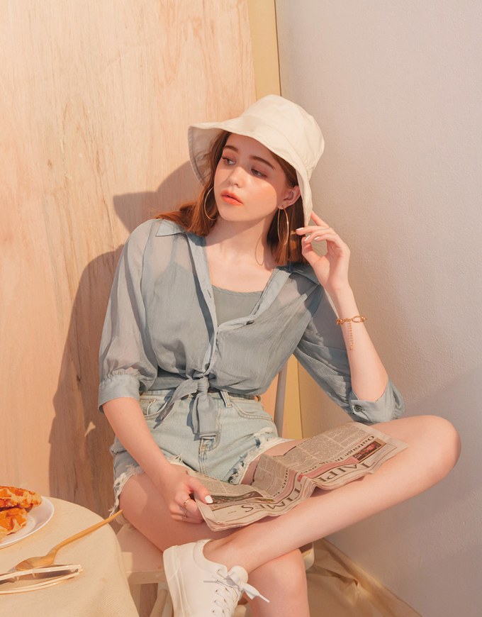 Textured Sheer 3/4 Sleeves Blouse & Cami Set Wear