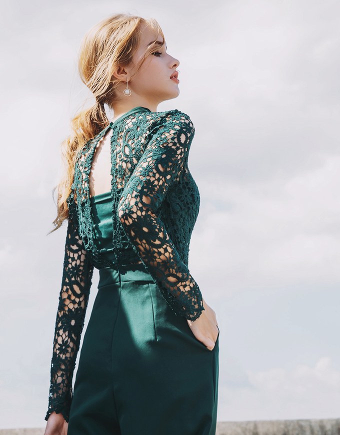 Transparent Jacquard Lace Hollow Back Jumpsuit (with Bralette)
