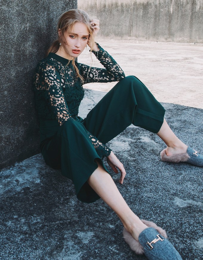 Transparent Jacquard Lace Hollow Back Jumpsuit (with Bralette)
