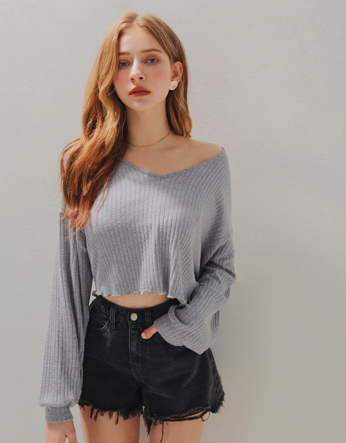 Casual Lettuce-Edge Hem Ribbed Knitted Crop Top