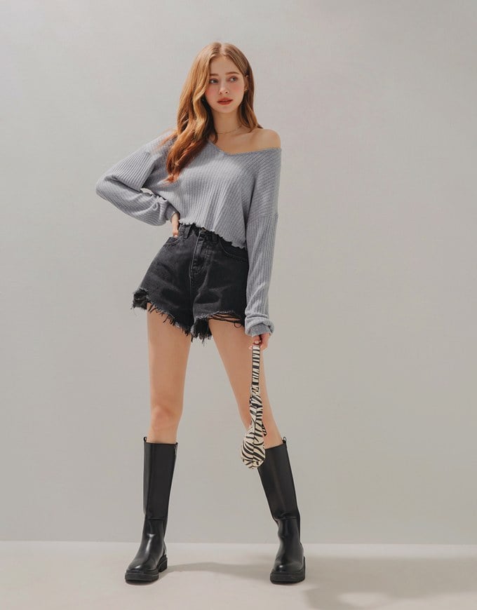 Casual Lettuce-Edge Hem Ribbed Knitted Crop Top