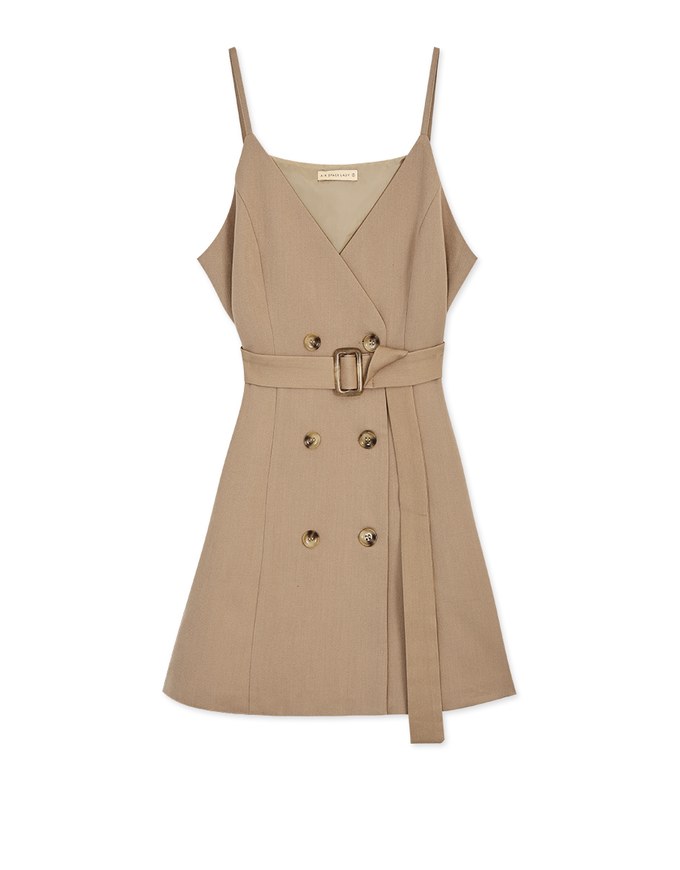 Korean Style Thin Straps Double-Breasted Belted Mini Dress