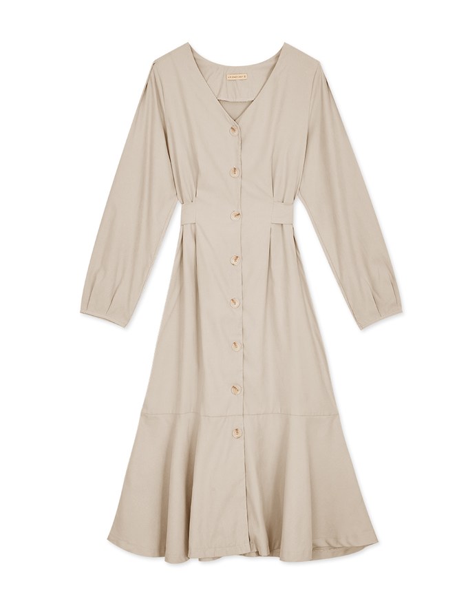 Elegant Ribbon-Back Button-Down Fishtail Midi Dress