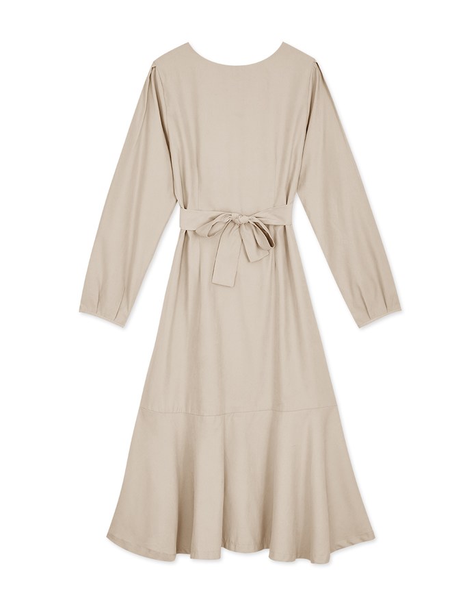 Elegant Ribbon-Back Button-Down Fishtail Midi Dress