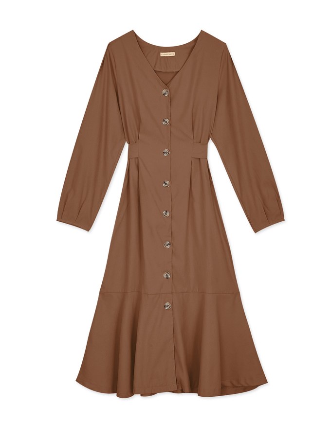 Elegant Ribbon-Back Button-Down Fishtail Midi Dress