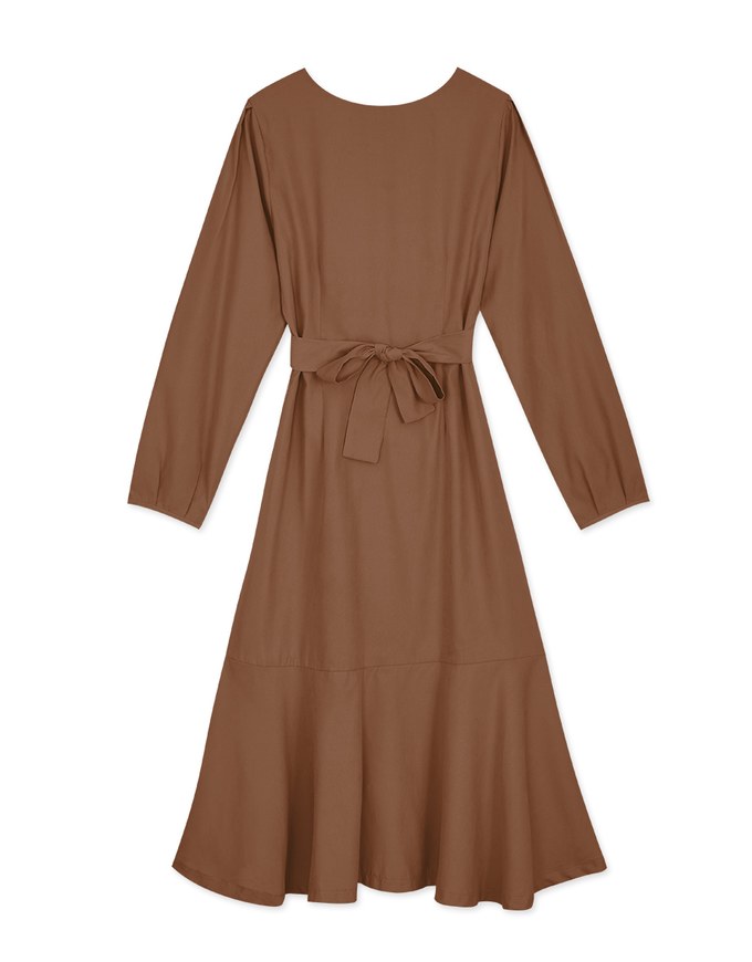 Elegant Ribbon-Back Button-Down Fishtail Midi Dress