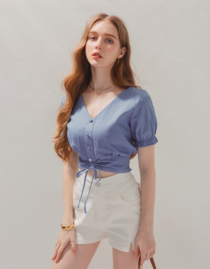 Drawstring Washed Chambray Crop Top