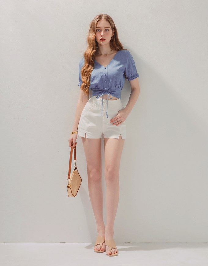 Drawstring Washed Chambray Crop Top