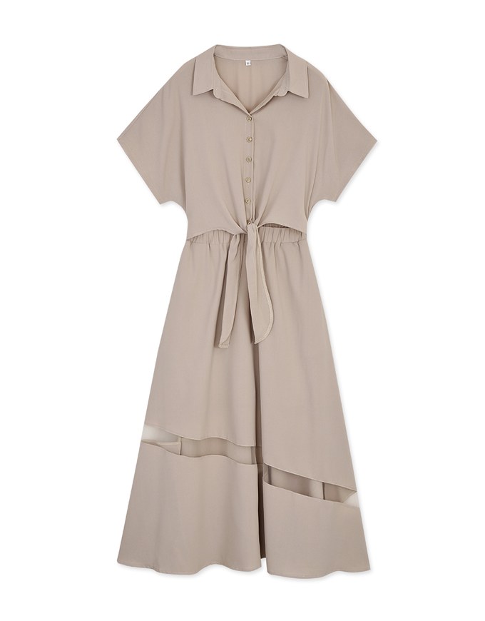 Asymmetrical Sheer-Panel Knot-Tie Maxi Dress