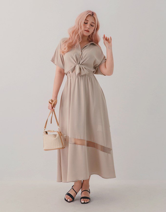 Asymmetrical Sheer-Panel Knot-Tie Maxi Dress