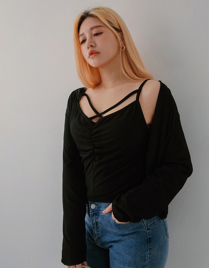 Criss-Cross Scrunch Cami Top & Cardigan Set Wear