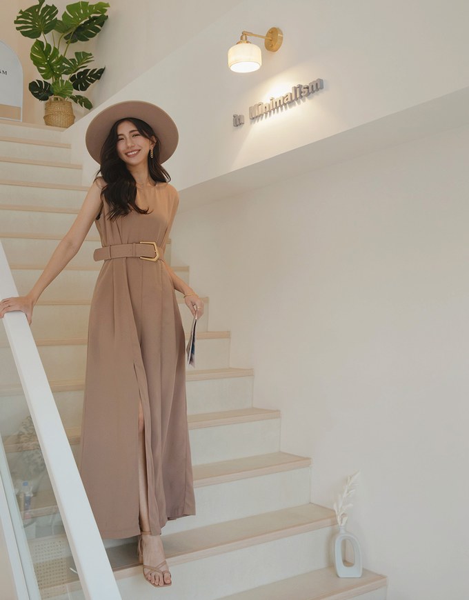Minimalist Belted Slit Jumpsuit (Shoulder Pads Detachable)