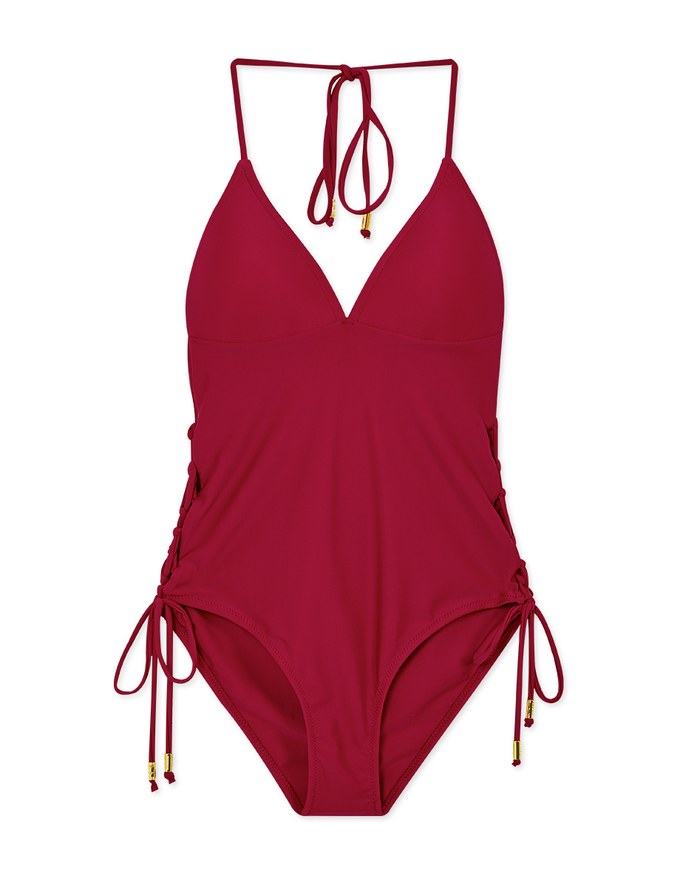 Tall Girl-Thin Strap Lace-Up Side One-Piece Bikini (Thick Padded & Extended Length)