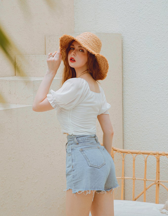 Ruched Puffy Sleeve Crop Top