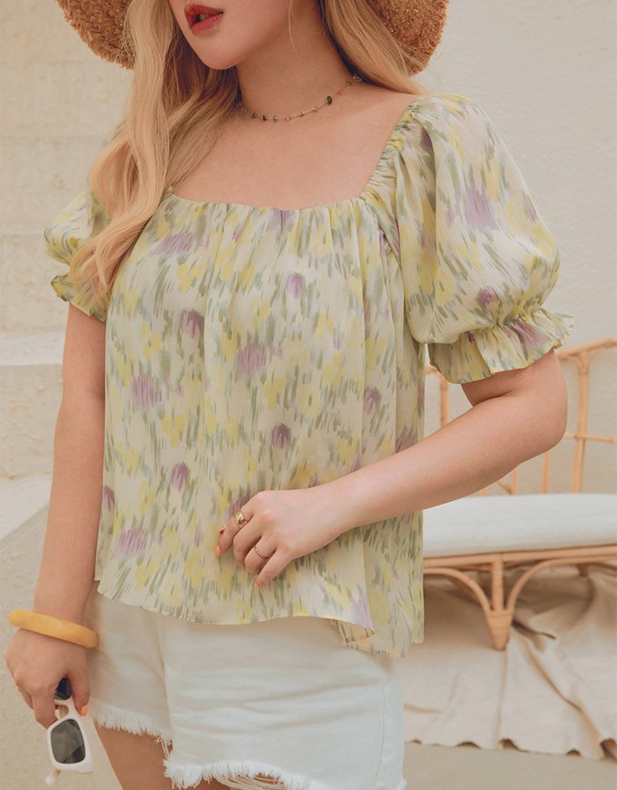 Tie-Dye Puff Sleeve Peplum Top