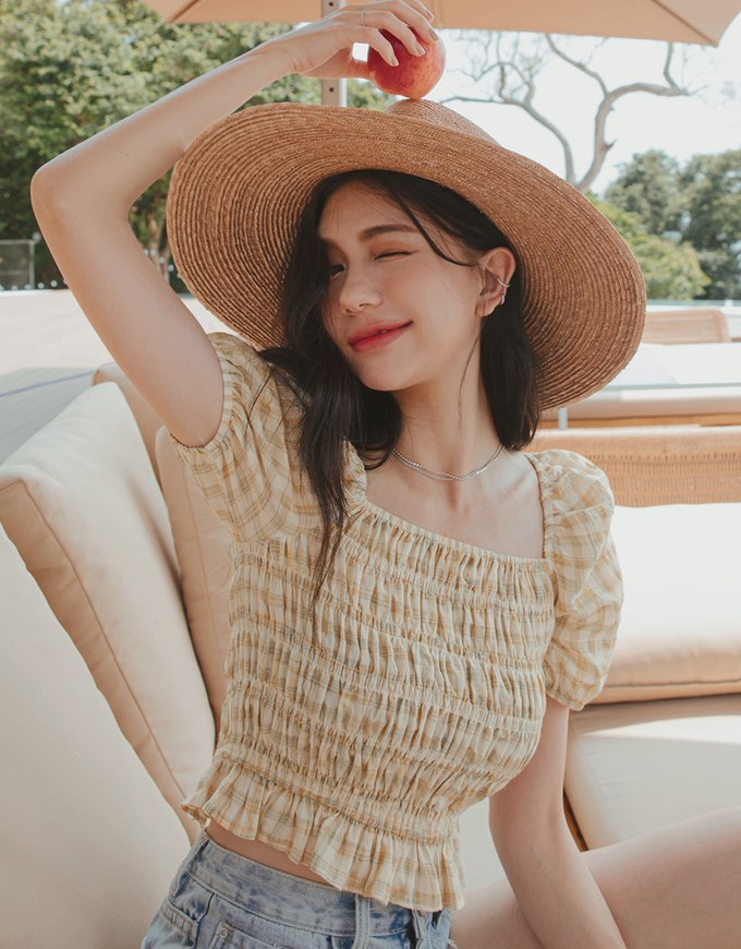 Plaid Shirred Frill Fluttery Top