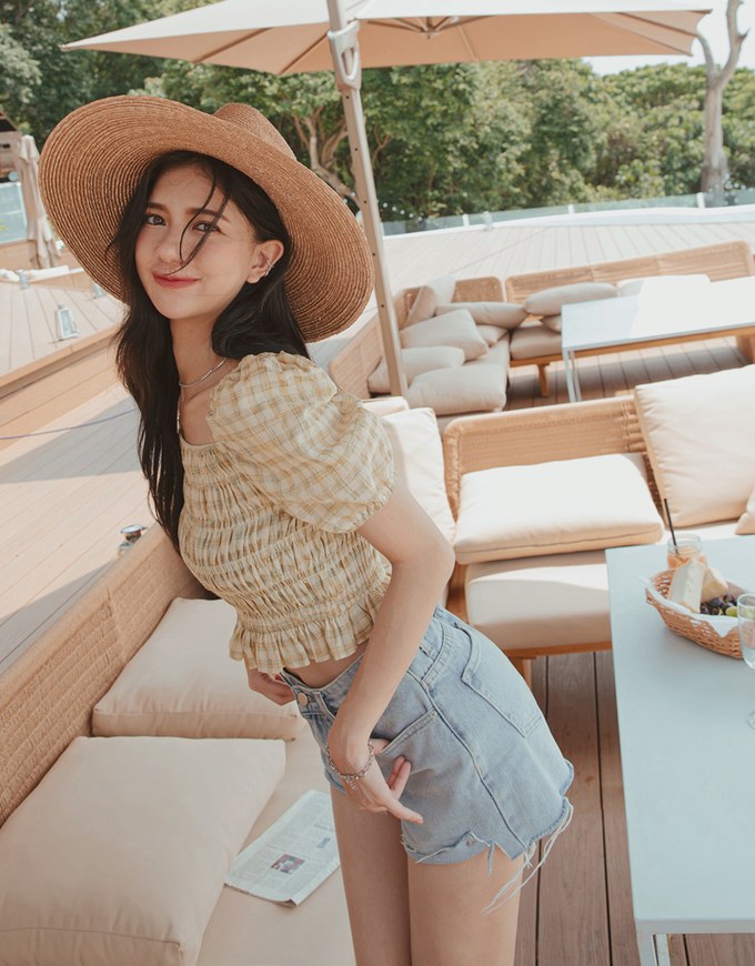 Plaid Shirred Frill Fluttery Top
