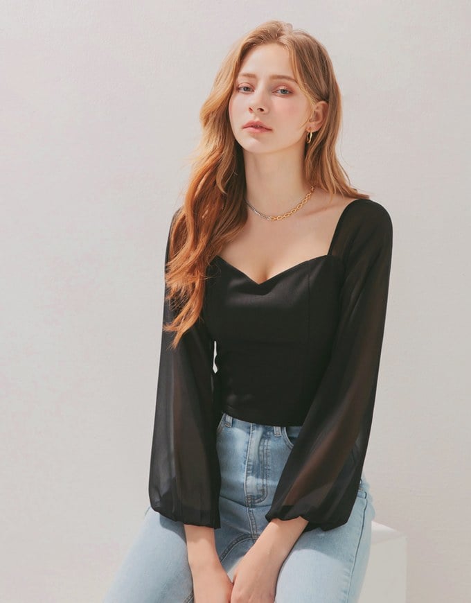 Sweetheart Neckline Transparent Peasant Sleeves Crop Top