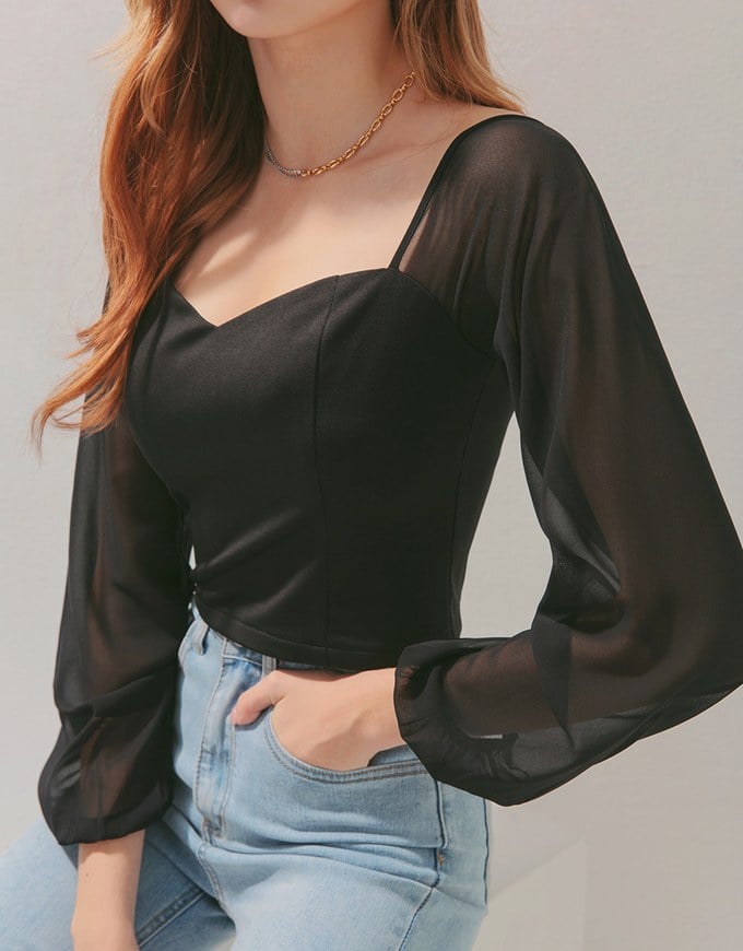 Sweetheart Neckline Transparent Peasant Sleeves Crop Top