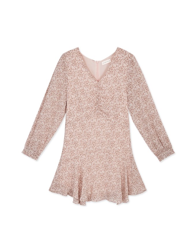 Dainty Printed Front-Ruched Ruffle Mini Dress (With Detechable Shoulder Pads)