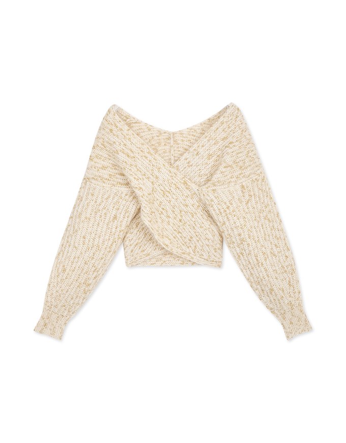 Soigné Off-Shoulder Gold Leaf Embellished Wrap Sweater