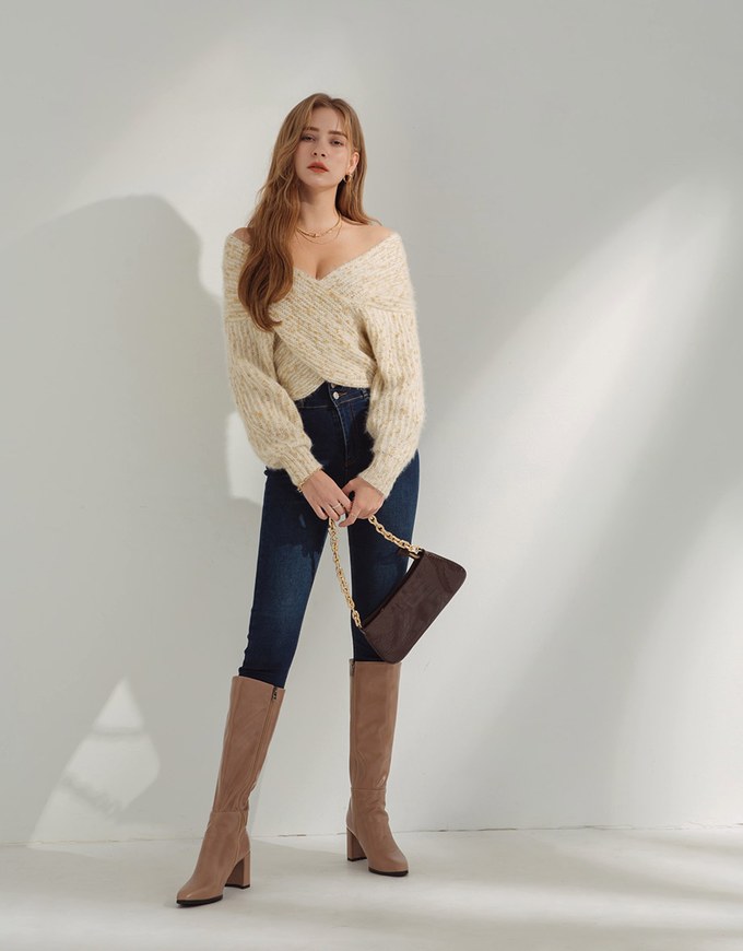 Soigné Off-Shoulder Gold Leaf Embellished Wrap Sweater