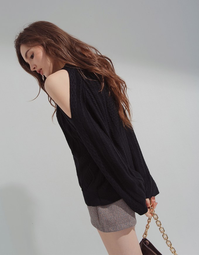 Refined 3D Textured Cutout-Shoulder Sweater