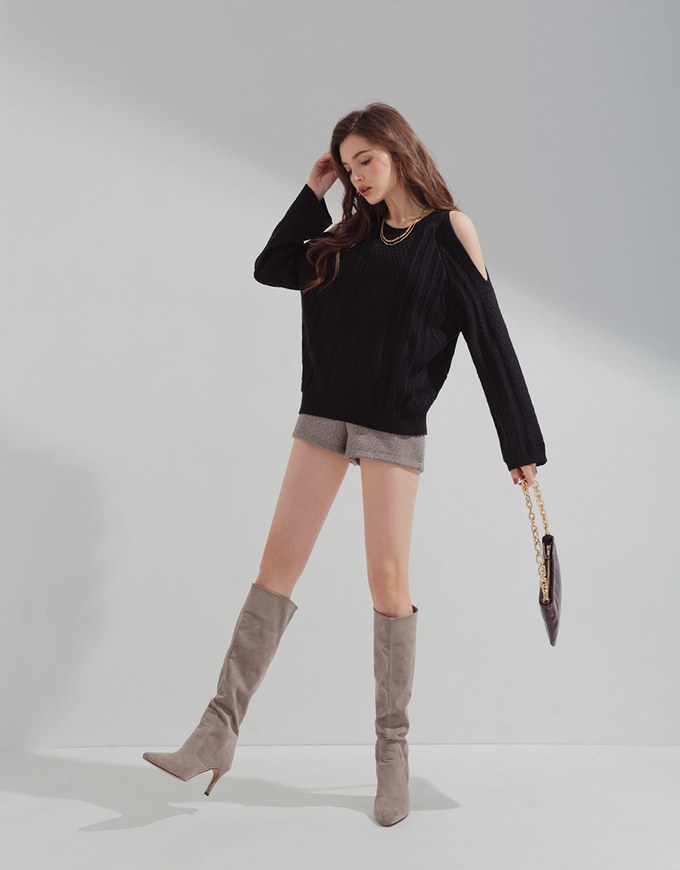 Refined 3D Textured Cutout-Shoulder Sweater