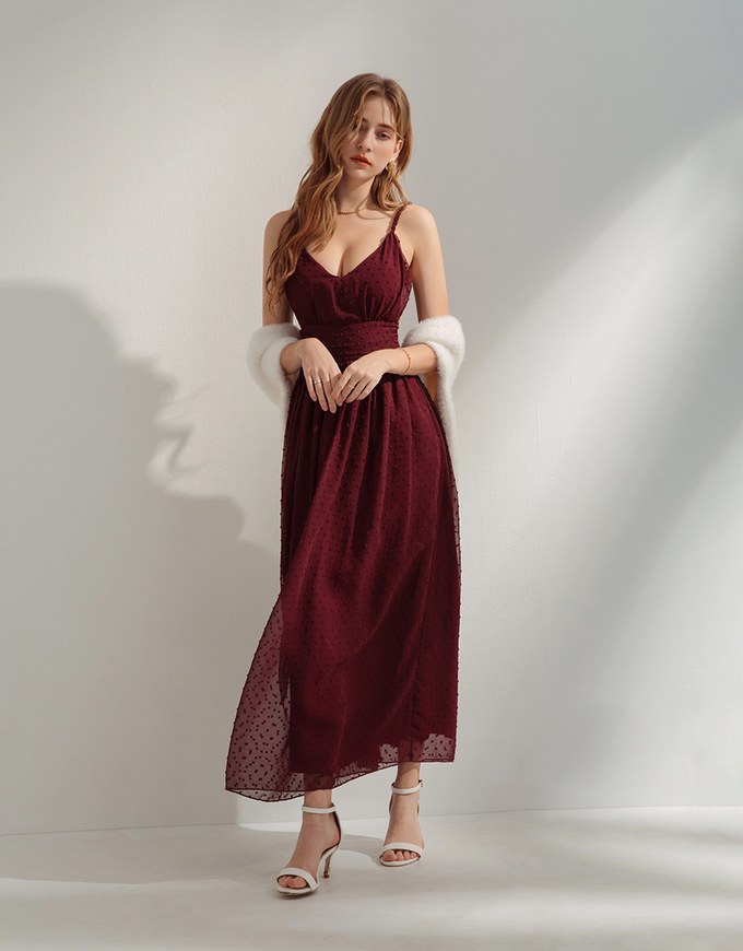 Swiss Dot Chiffon Cami Maxi Dress (With Padding)