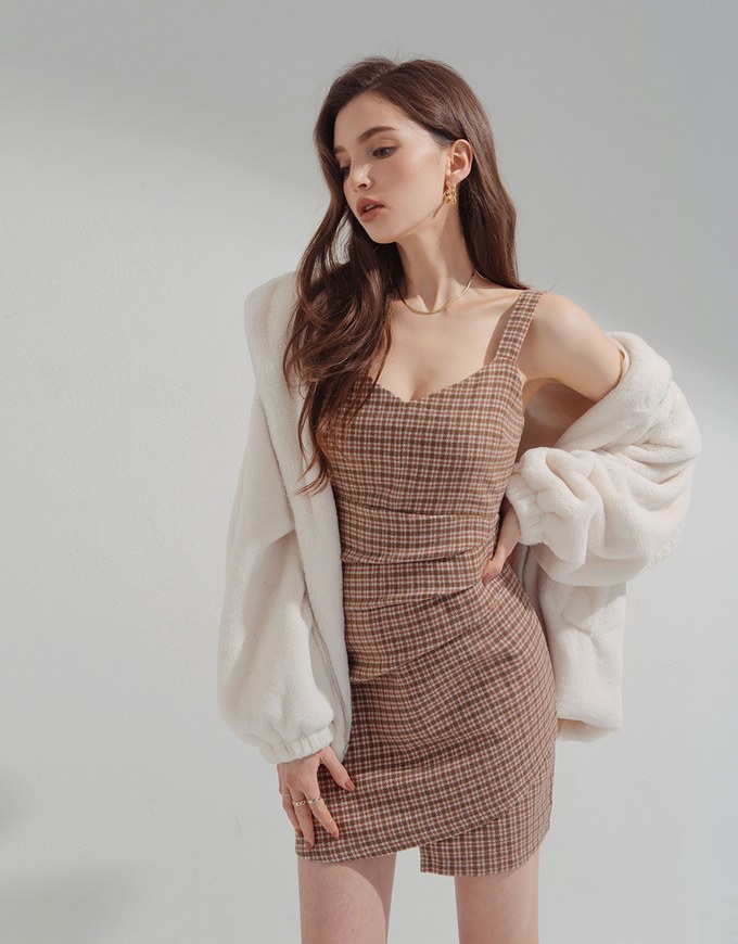 Vintage Plaid Ruched Cami Dress