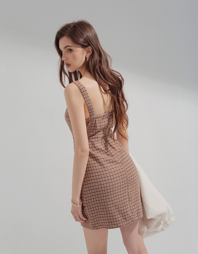 Vintage Plaid Ruched Cami Dress