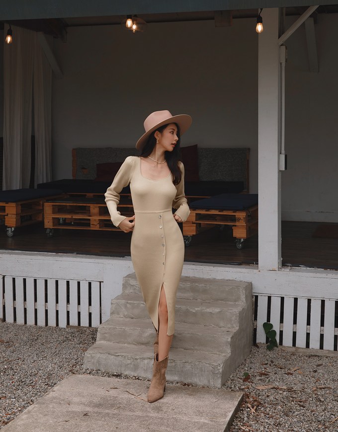 Elevated Detailing Buttoned Slit Knit Midi Dress