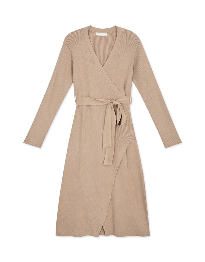 Minimalist Staple Wrap Slit Ribbed Midi Dress (With Belt)