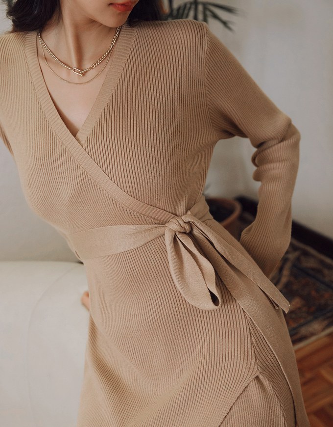 Minimalist Staple Wrap Slit Ribbed Midi Dress (With Belt)