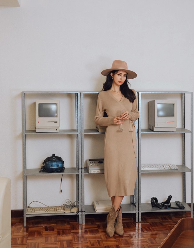 Minimalist Staple Wrap Slit Ribbed Midi Dress (With Belt)