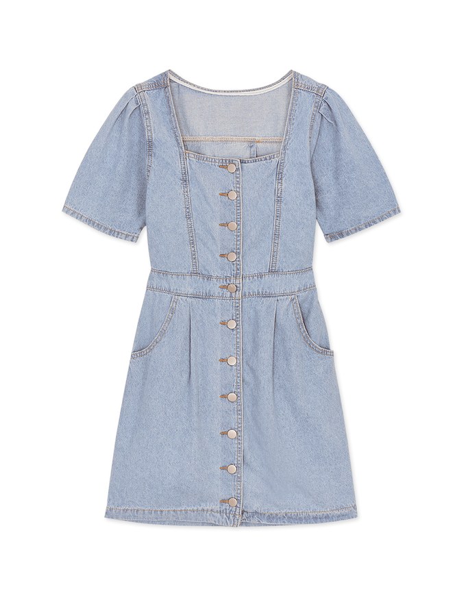 Back-Crossed Hollow Square-Necked Buttoned Denim Mini Dress