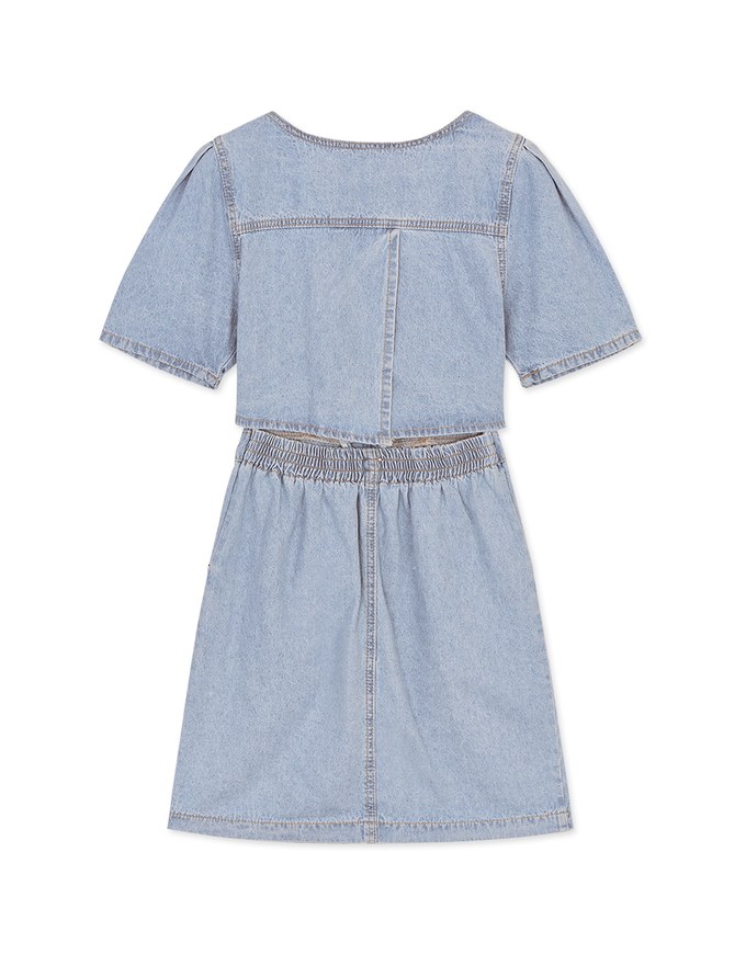 Back-Crossed Hollow Square-Necked Buttoned Denim Mini Dress