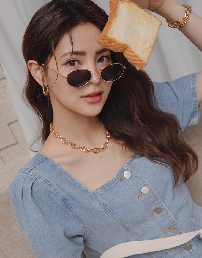 Back-Crossed Hollow Square-Necked Buttoned Denim Mini Dress