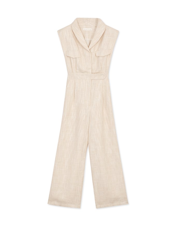 Edgy Smart Textured Lapel Jumpsuit With Shoulder Pads