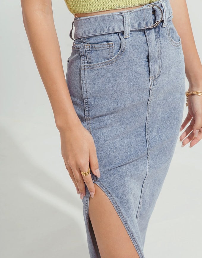 Denim Pencil Skirt With Side Slit (Belt Included)