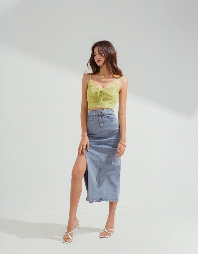 Denim Pencil Skirt With Side Slit (Belt Included)