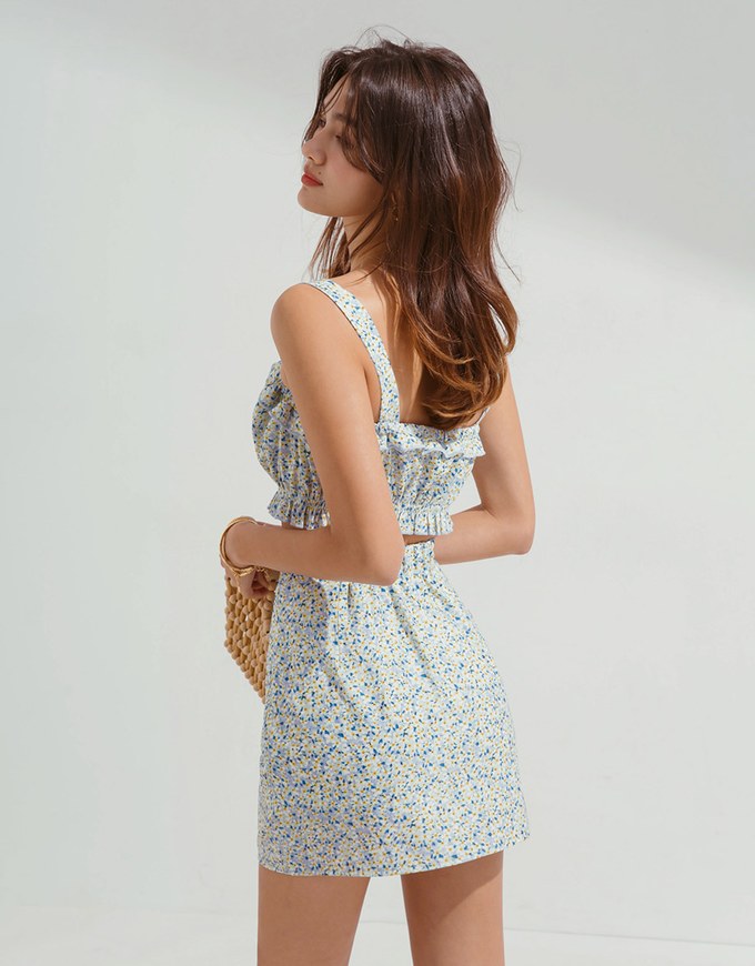 Summer Ditsy Floral Crop Top Skirt Suit