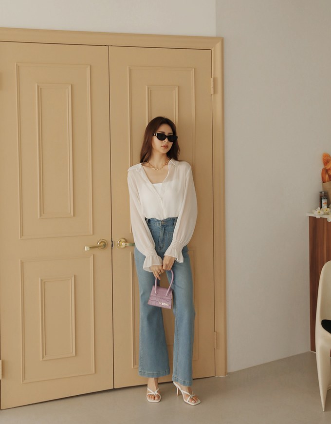 Sheer Chiffon Elastic Sleeve Blouse
