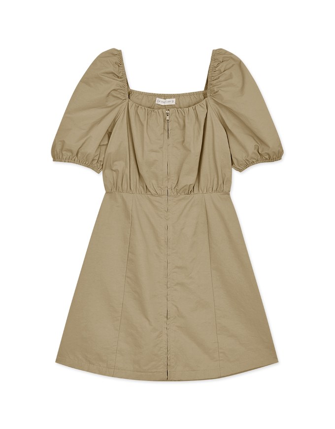 Square Neck Front Zipper Puff Sleeve Mini Dress