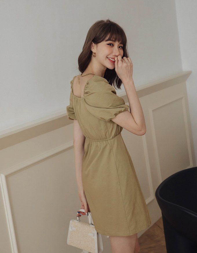Square Neck Front Zipper Puff Sleeve Mini Dress