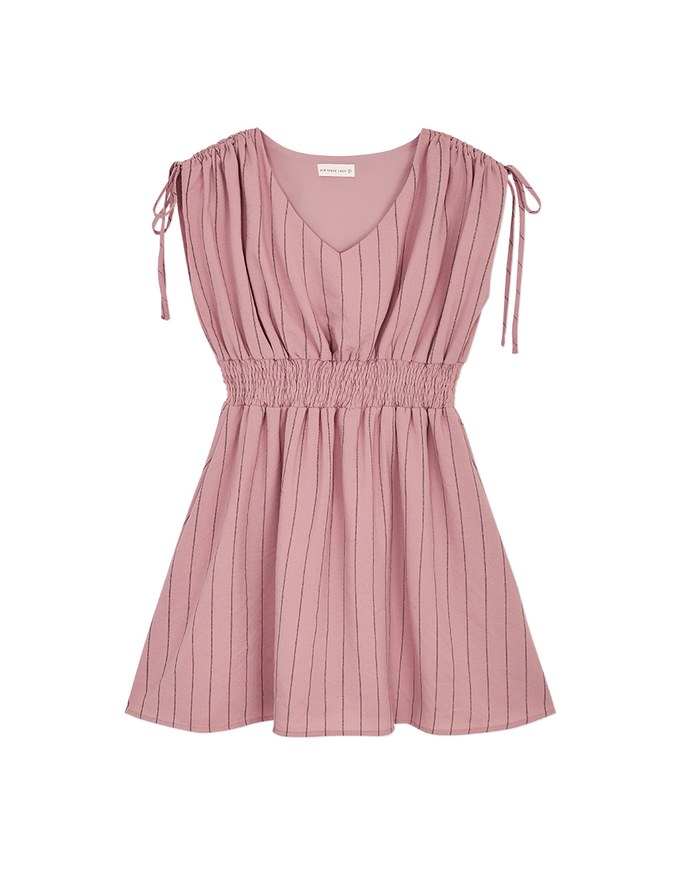 Shoulder Drawstring Striped Mini Dress
